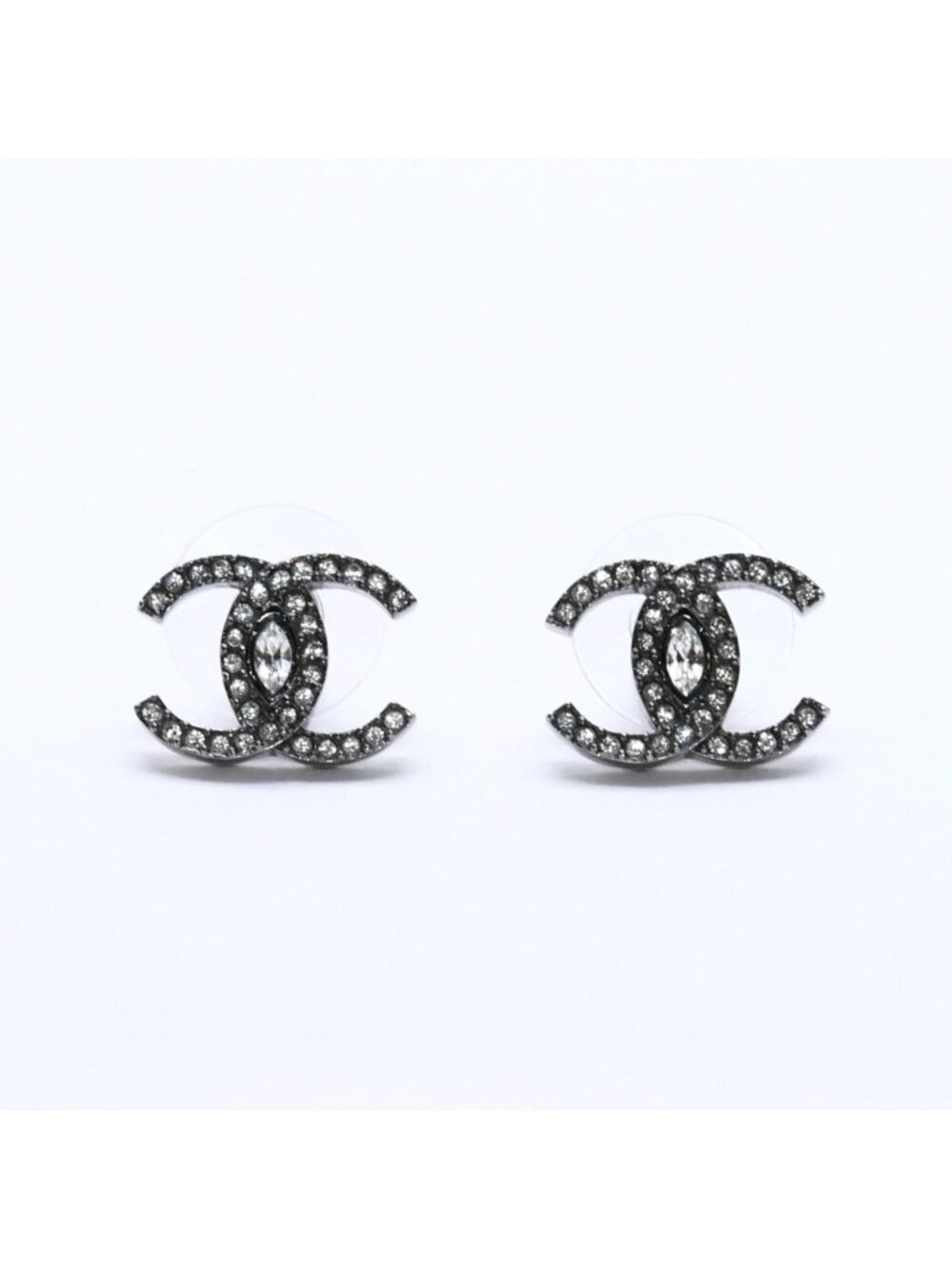 Chanel CC Logo Earrings 21 Rhinestone Metal Gunmetal Clear